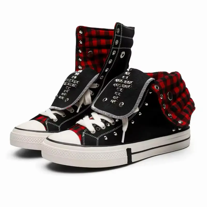 Unisex Black & Red Plaid Punk Rock High-Top Sneaker - Studded Flap, Spiked Details, Closed Training Athletic Casual Trainer Footwear Walking Shoes