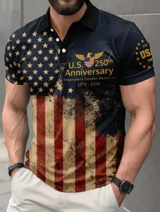 Men's Summer Vintage American Flag Graphic Print Polo Shirt, Casual Short Sleeve Golf Shirt, Breathable Lightweight Patriotic Top