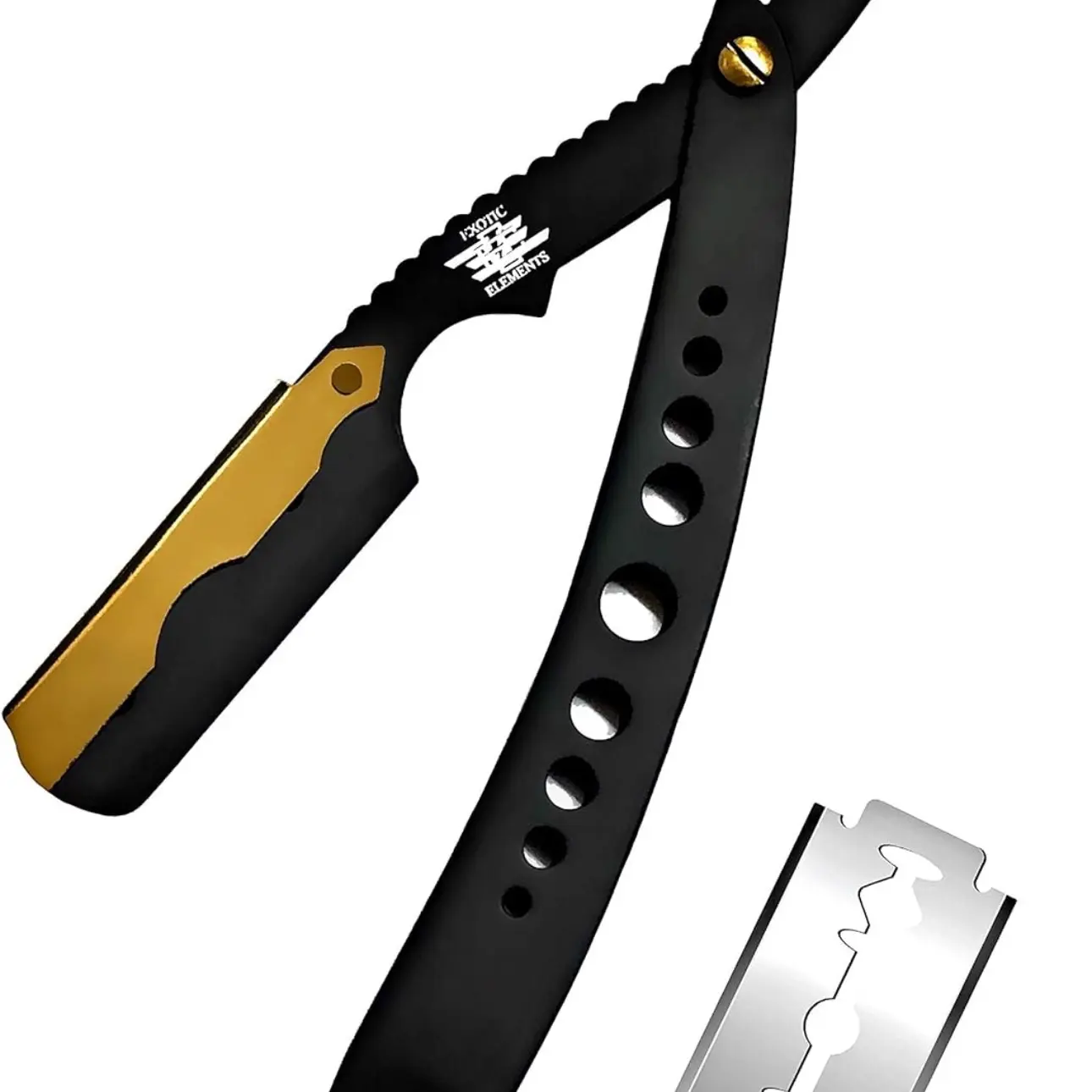 Barber Straight Edge Razor in Black and Gold - Blades Included - Hair Shaving Razor for Beard Mustache Eyebrows Body Hair Forehead or Full Head Shave - Lightweight Stainless Steel