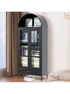 73" Tall Arched Pantry Cabinet,Versatile Cupboard With Glass Door, 2 Adjustable Shelves & Drawers,Modern Farmhouse Arched Bookcase Black