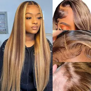 Karlami Hair Highlight Ombre Lace Front Wig Human Hair for Women 4/27 Honey Blonde 13x4 Straight Lace Front Lace Front Wigs Human Hair Pre Plucked with Baby Hair Colored Human Hair Wigs 150% Density