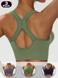 3Pack Women's Cross Back Sports Bra Set, Front Zipper, Medium Support, Plungé Cup, Casual Style, Suitable for Yoga and Gym Workout, Yoga Workout Activewear, Yoga Clothes