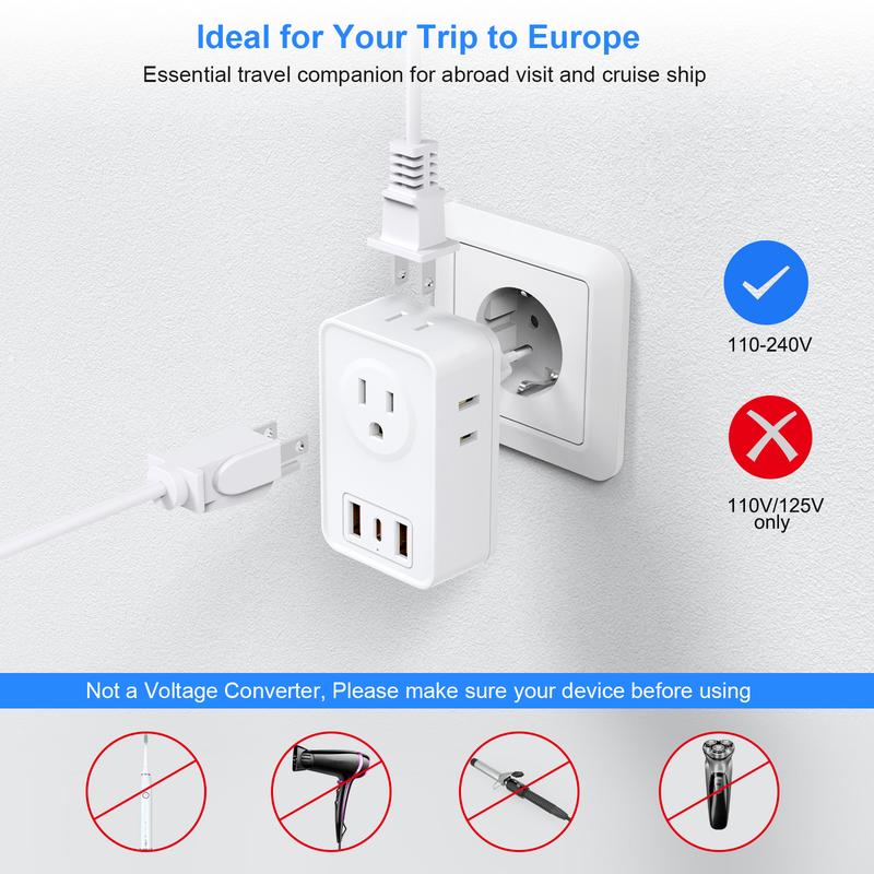 European Travel Plug Adapter USB C, International Plug Adapter with 4 AC Outlets and 3 USB Ports for US to Most of Europe Spain Italy France Germany.