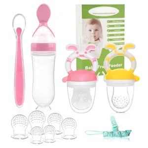 Baby Fruit Feeder Pacifier |   2 Infant Food Feeder Pacifier & 1 Baby Food Dispensing Spoon |   Mesh Fresh Fruit Teethers for Babies Teething Feeders |   Shower Gifts for Boys and Girls (Pink)