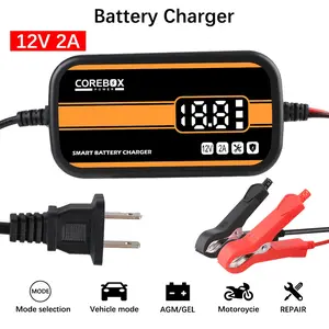 Intelligent Car Motorcycle Automotive Battery Charger, 12V 2AAutomatic LCD Display Lead Acid Gel Charger, Car BatteryCharger for Car/RV/ATV/Boat