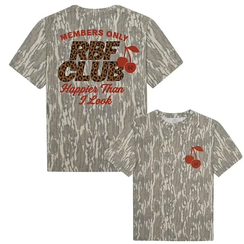 Women's RBF Club MHC Mossy Oak Bottomland Camo Printed Short-Sleeve T-Shirt - Customized Apparel, Unisex Stretch Fleece Fabric, Ribbed, Breathable, Streetwear Casual Day Outfits, Soft Edgy Design, Tops, Shortsleeve, Lightweight, Style, Round Neck