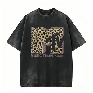 MTV Leopard Print Logo Graphic T-Shirt, Vintage Washed Oversized Crew Neck Short Sleeve Tee for Men Women, Retro 80s 90s Music Television Casual Streetwear, Breathable Summer Top,funny graphic tee, men’s trendy t-shirts, deals, humorous, 90s