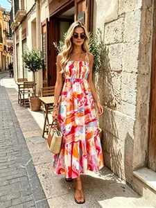 Elegant women's dress, Boho  Colorful Floral/Abstract  print off-shoulder strap Smocked Waist Sleeveless Maxi dress, Flowy Sundress for Vacation, Beach, and Casual Streetwear, summer women's clothing
