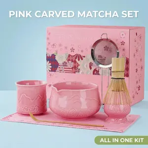 ZENS Pink Carved Matcha Set  Summer Ready. Whisk, Strainer & Gift - worthy Box