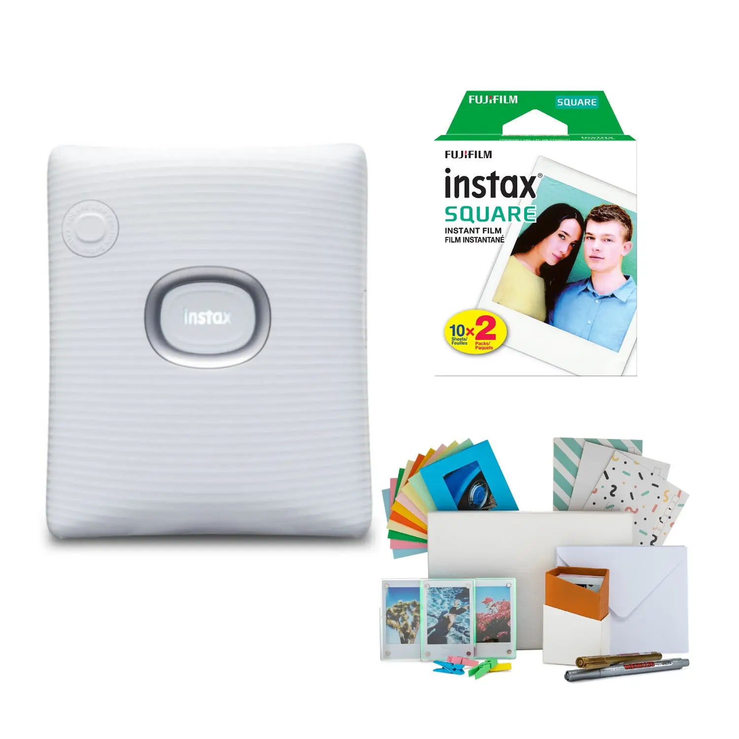 Fujifilm INSTAX Square Link Instant Printer Bundle - White Bluetooth Smartphone Photo Printer with instax Square Film Twin Pack (20 Exposures) and Instax Film Kit, app control, AR QR, portable creative printing