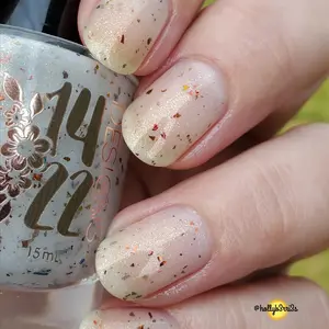 1422 Designs Cone Season July 2025 Sparkly White Nail Polish with Gold Sparks and Vibrant Metallic Flakes for Elegant Festive Look