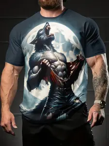 Men's Wolf Graphic Print Short Sleeve T-Shirt - Bold Howling Wolf & Full Moon Design, Breathable Regular Fit for Outdoor Sports & Casual Wear, Machine Washable, Versatile Wardrobe Staple, Dynamic Illustration Top, Lightweight Material, Statement Tee, Stre