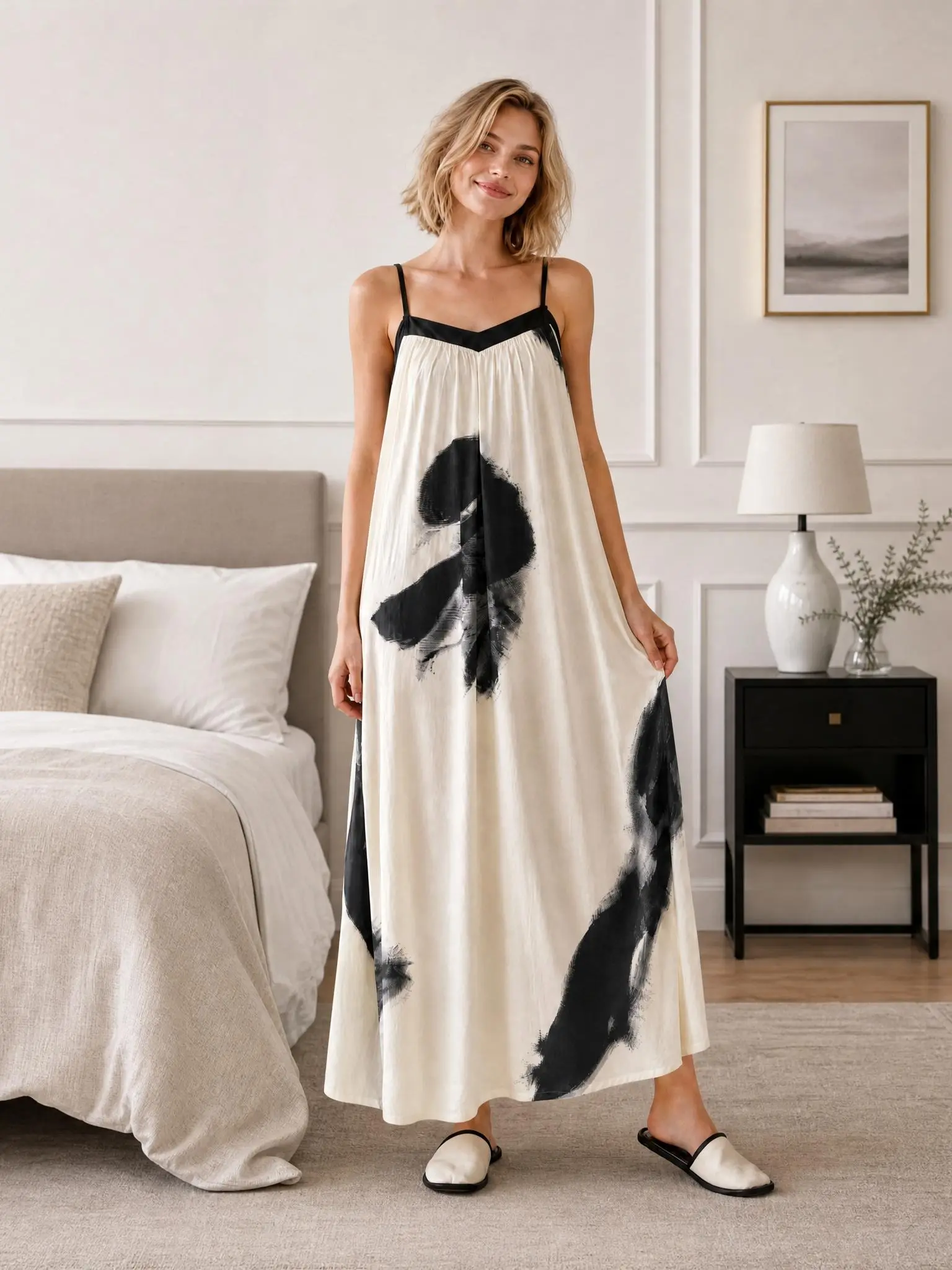 Women Cream Black Print Spaghetti Strap Maxi Dress, V Neck Loose Flowy Slip Dress, Soft Casual Loungewear, Vacation Beach Long Dress