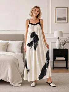 Women Cream Black Print Spaghetti Strap Maxi Dress, V Neck Loose Flowy Slip Dress, Soft Casual Loungewear, Vacation Beach Long Dress