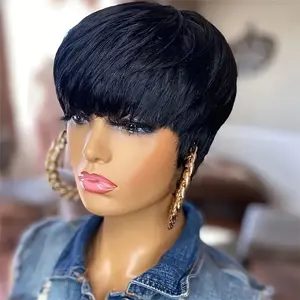 New Fashion Human Hair Short Bob Pixie Cut Wig for Women - Glueless Non Lace Front Wig with Bangs, Density Rose Net Cap, Straight Layered Pixie Wig for Casual & Formal Events, Versatile Hairpiece, Chic Hairstyle, Protective Hairstyle, Event Hairstyle