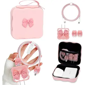 DIY Phone Charger Storage Case Cover Sets for iPhone with Cable Protector Earphone Wire Saver, Lovely Travel Storage Bag, Cute Cable Charger Protector Cord Organizer (Pink Bow Tie)