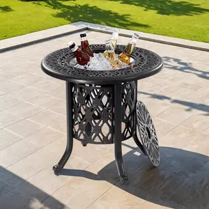 21" Cooler Side Table with Removable Ice Bucket, Food-Grade 304 Stainless Steel 2-in-1 Bucket, Rustproof Cast Aluminum Frame, Hand-Brushed Finish, Perfect for Outdoor, Patio, Balcony, and Poolside