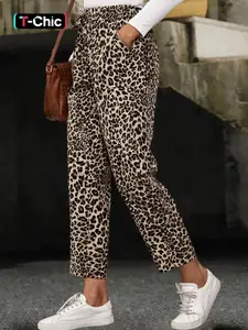 Women's leopard print woven trousers with pockets, laces and Drawstring Adjustable straight-leg fitted pants, suitable for women, fashionable, chic, Elegant and versatile, suitable for casual travel, daily wear, outdoor activities