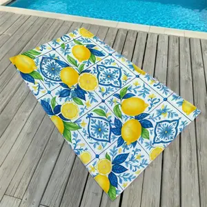 【JIT】One Piece Mediterranean Style Italian Style Blue and White Tile and Lemon Tree Leaves Printed Beach Towel Beach Towel Beach Towel Beach Outdoor Various Festivals Beach, Super Soft Super Soft Beach Towel for You to Comfort and Relax. Super soft touch