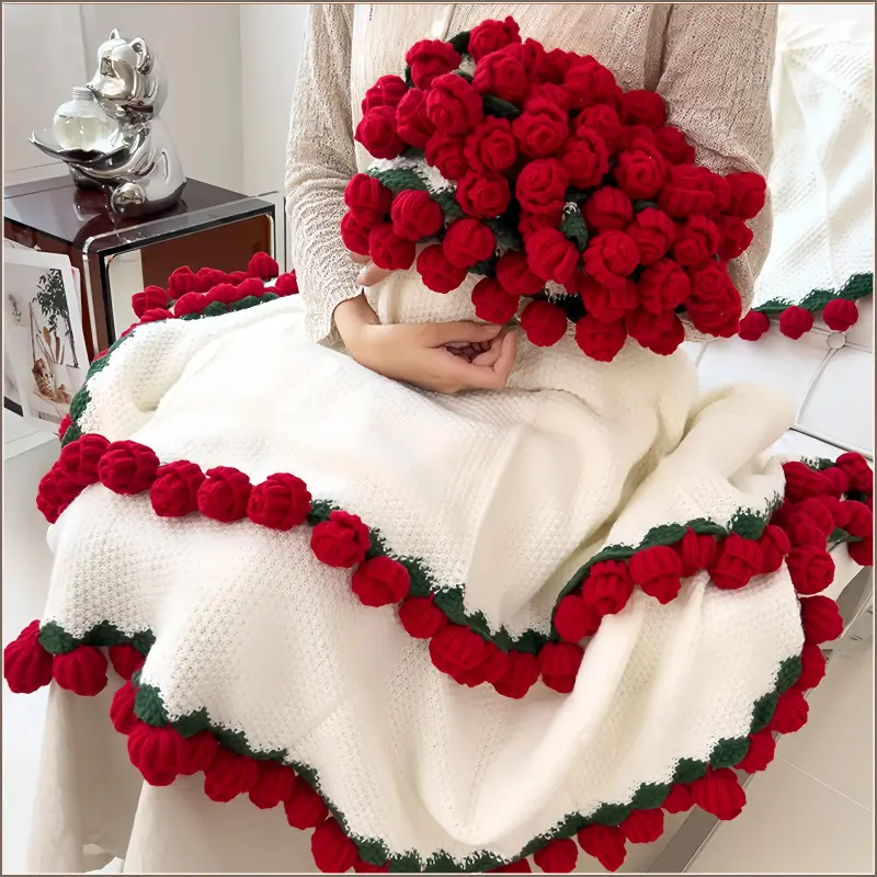 2-in-1 Handmade 3D Knit Fabric Round Blanket & Crochet Rose Flower Bouquet - Multi-Size (31-62 in), Decorative Throw for Apartment Decorating, Mother’s Day Gift with Storage Organization, Decorating My Apartment, Round Shape