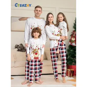 Family Christmas Pajama Set, Reindeer Print Top & Plaid Pants, Casual Fall/Winter Homewear, Comfortable Holiday Sleepwear