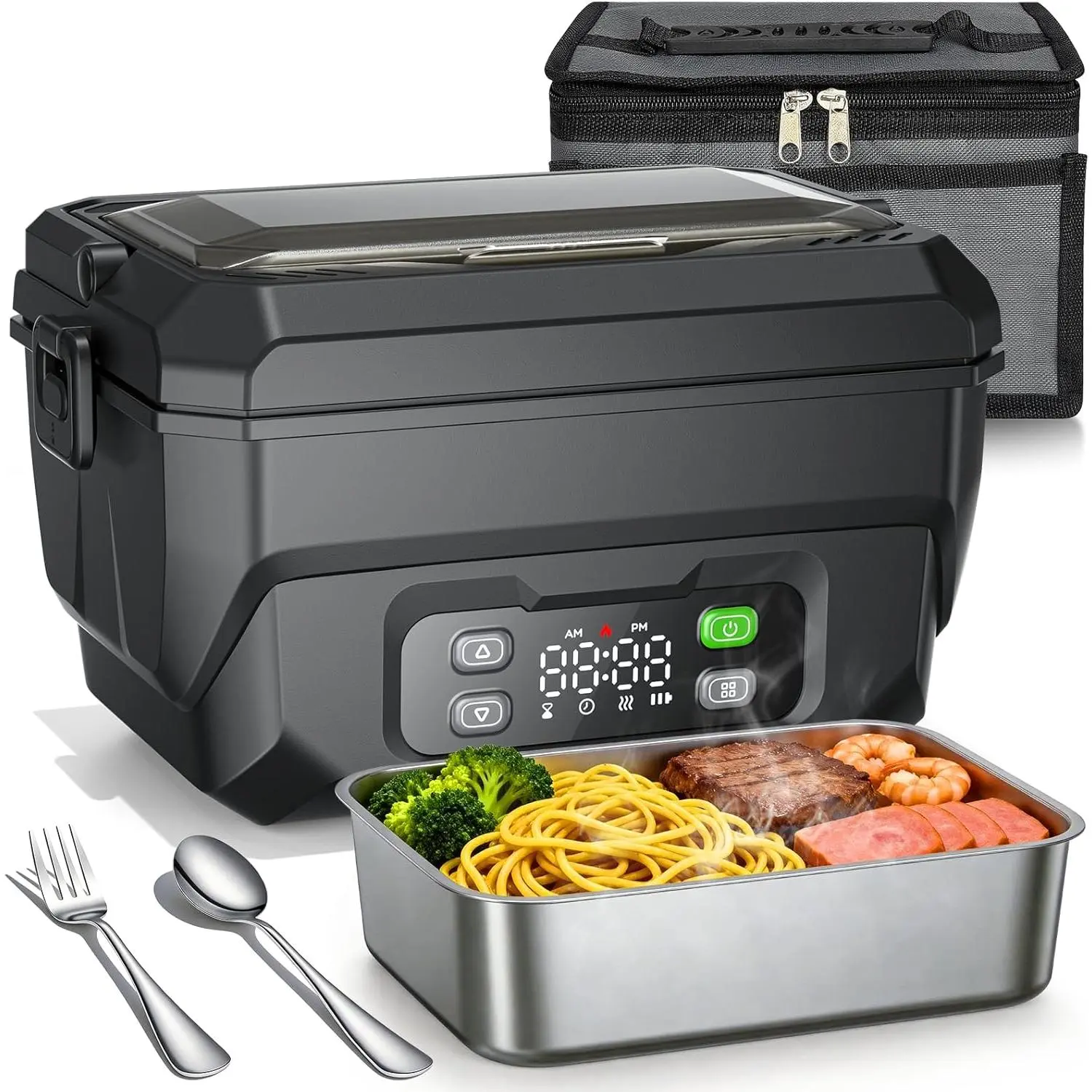 Cordless Heated Lunch Box 1.5L, Portable Heating Lunch Box for Work & Travel, 22500mAh Electric Lunch Box Warmer with Removable Stainless Steel Container, Lunch Bag, Fork and Spoon