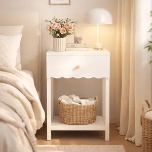 Modern Scalloped Edge Nightstand - Engineered Wood Bedside Table with Pull-Out Drawer, Open Bottom Shelf, Smooth Paint Finish, Compact Space-Saving Versatile Accent Cabinet for Bedroom, Easy Assembly