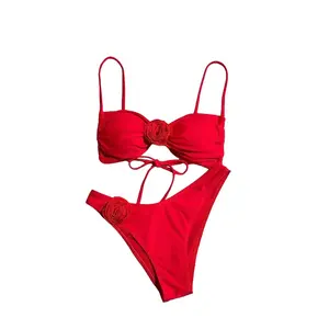Women's 2-Piece Red Bandeau Bikini Swimsuit - Bandeau, Print, Push-Up, Removable, Strapless Bikinis Set, 3D Rose Detail, Padded, Strap Design, Premium Fabric for Beach, Pool Vacations, Bandeau Bikinis Set