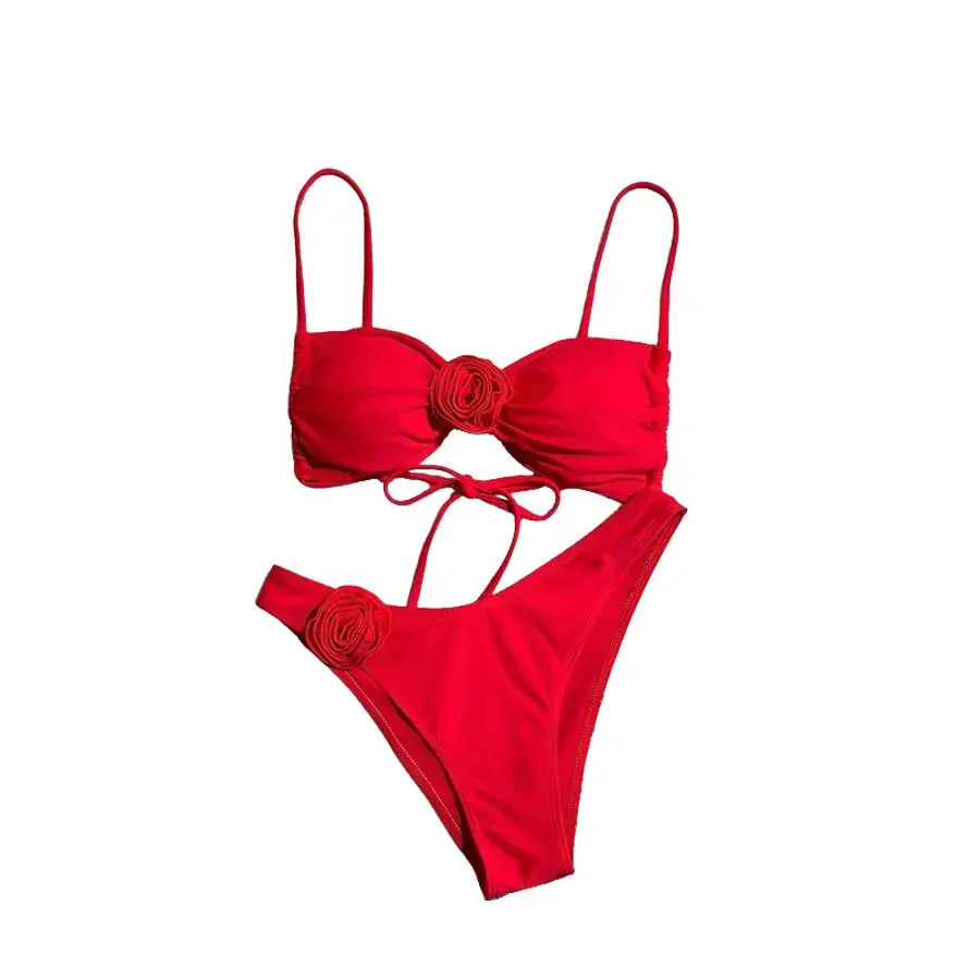 Women's 2-Piece Red Bandeau Bikini Swimsuit - Bandeau, Print, Push-Up, Removable, Strapless Bikinis Set, 3D Rose Detail, Padded, Strap Design, Premium Fabric for Beach, Pool Vacations, Bandeau Bikinis Set
