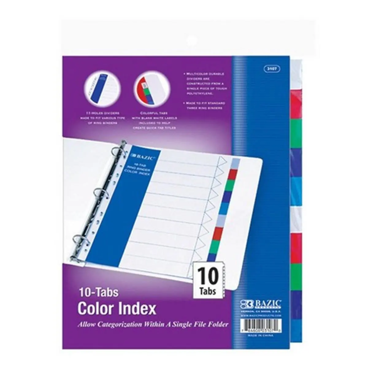 Bazic 3-Ring Binder Dividers w/ 10-Color Tabs Case of 24