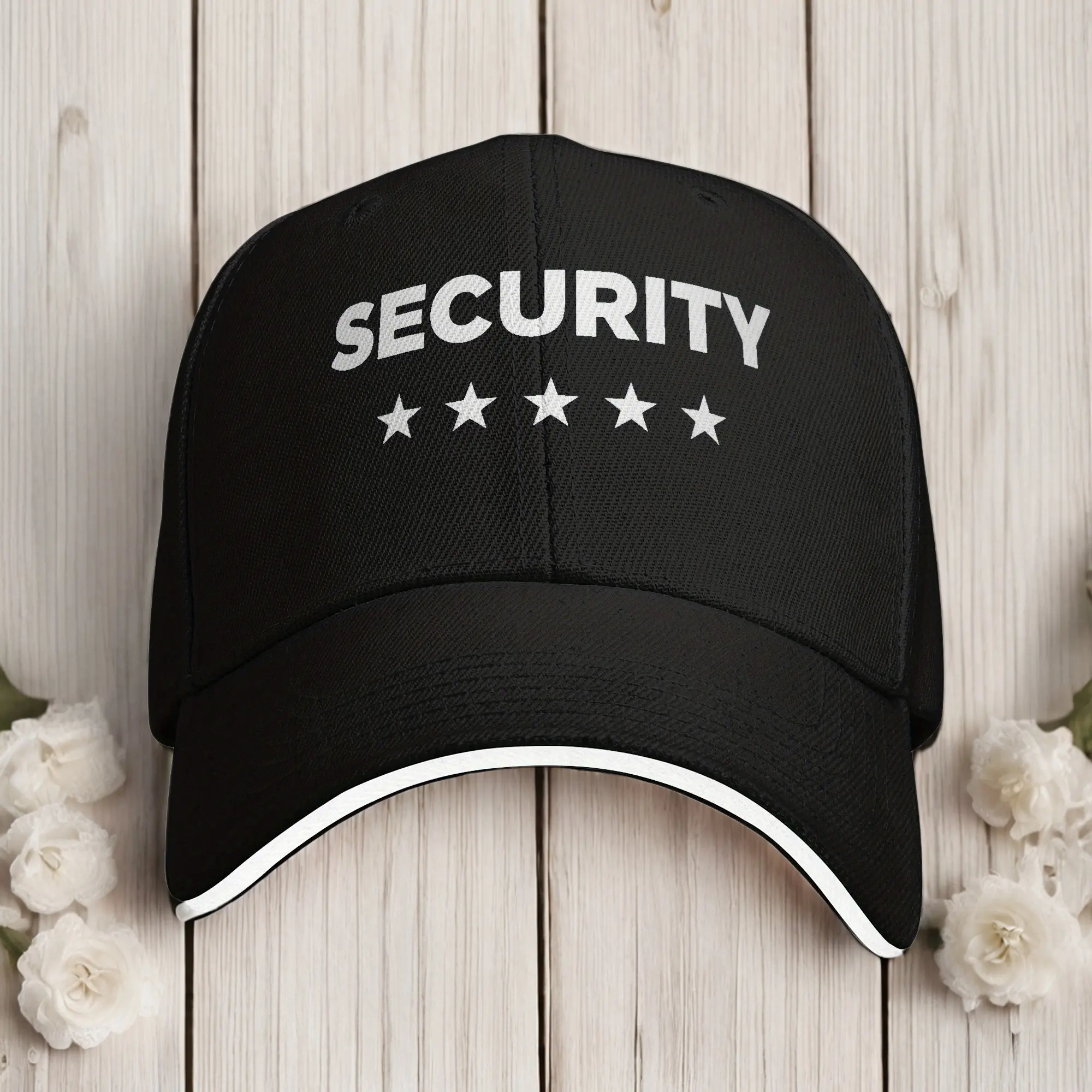 Unisex UV Protection Synthetic Fiber Snapback Trucker Cap - Black Security Print, White Trim, Onesize, Adult Outdoor Wear Hat for Hunting, Hiking, Casual Fashion Accessory