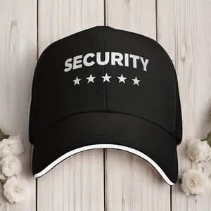 Black Security Print Casual Baseball Cap with White Trim - Sun-Proof Polyester Trucker Hat for Hunting, Camping, and Streetwear - Unisex Snapback Cap for Men and Women