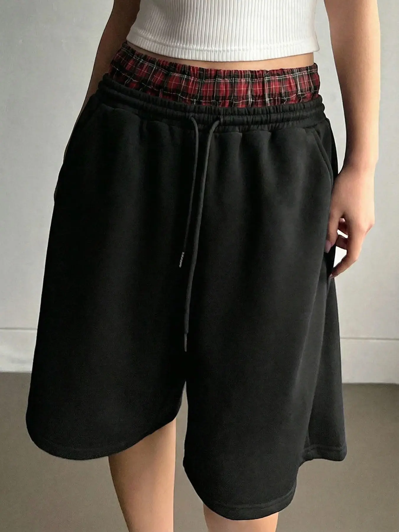 Y2K Plaid Double Waistband Sweat Shorts for Women, Streetwear, Vintage Grunge Aesthetic, French Terry, Loose, Oversized, Baggy, High Waist Contrast Plaid Design, Casual Bottoms for Daily Street Style, Lounge, Vacation, Everyday