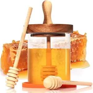 12 oz Glass Honey Pot Set with Silicone Mat, Airtight Wooden Lid, 2 Extra Dippers and Gift Box, Stylish Honey Jar Container for Honey, Syrup, Tea, Breakfast, Kitchen Counter and Food Storage