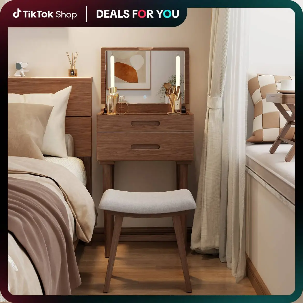 【Gift】Elegant Small Vanity, 100% Solid Wood, No MDF, Handmade for a Natural & Elegant Daily Ritual, Makeup Table for Tight Spaces with Glass Top, Flip