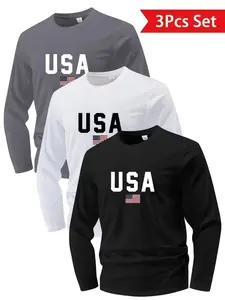 Men's 3 Pack Creative Print Quick-Dry Long Sleeve T-Shirts, Casual Fitted Breathable Fabric, Spring & Fall Daily Wear, Patriotic Style