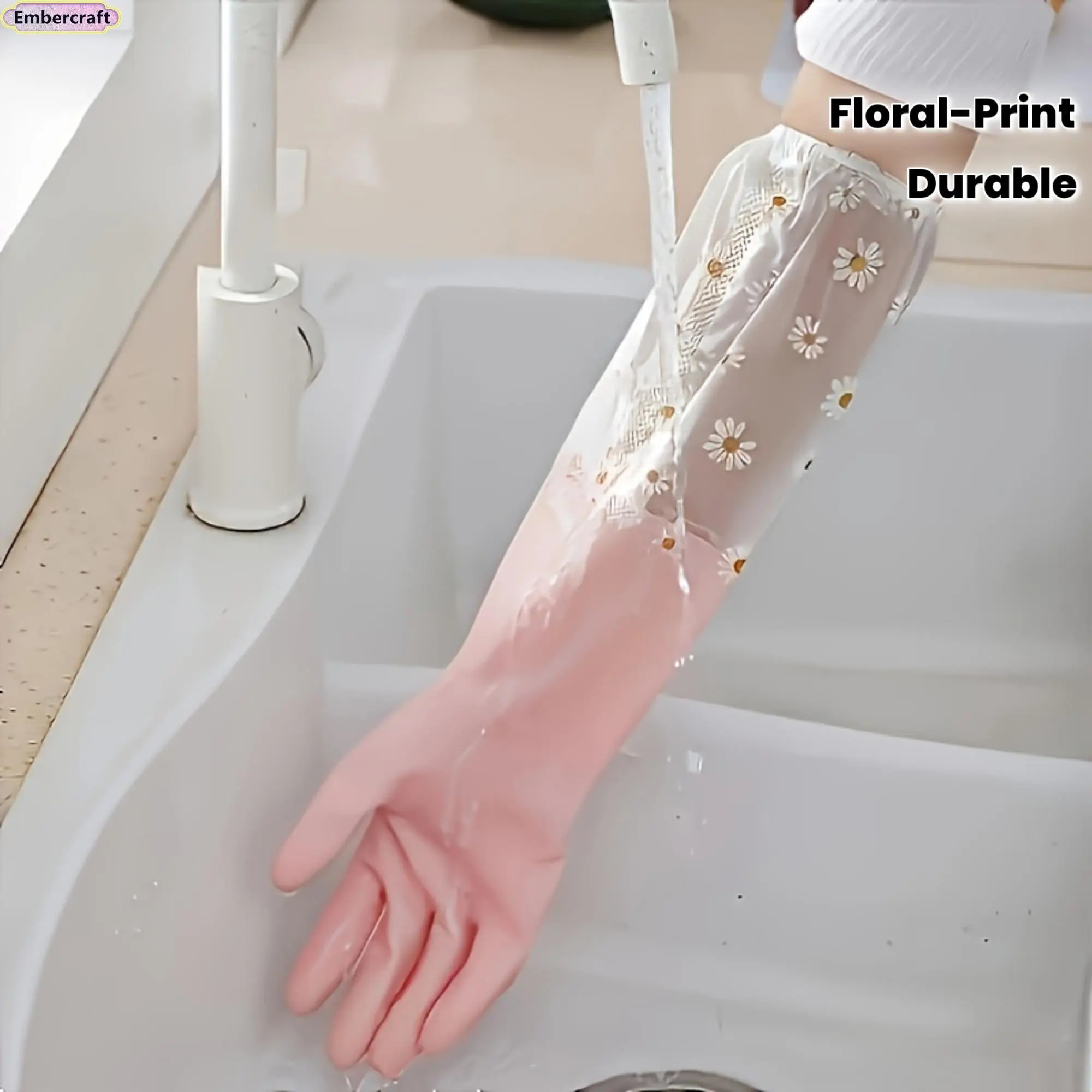 Women's Floral Fashion Gloves - Waterproof Rubber Durable Flexible Resistant Reusable Dishwashing Gloves, Cute Flower Design Household Essentials for Kitchen Dishes & Bathroom Cleaning, Durable Cleaning Gloves