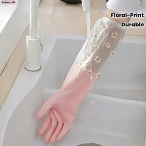 Cute Floral Dishwashing Gloves for Women, Waterproof Reusable Kitchen Cleaning Gloves, Aesthetic Clean Girl Household Essentials for Dishes, Bathroom Cleaning & Everyday Home Chores
