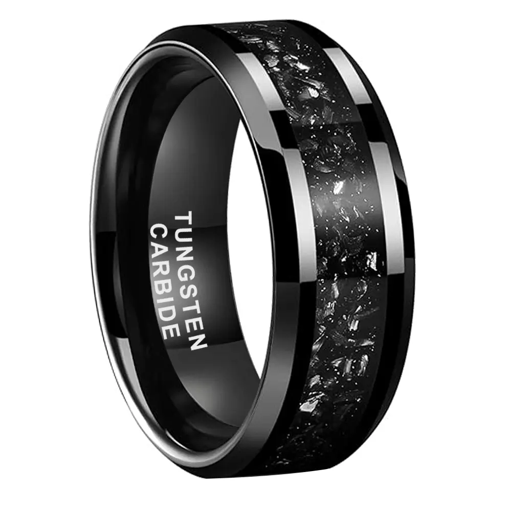 Yonifu Customized Men's 8MM Tungsten Wedding Band, Artisan Crafted Rugged Ring with Titanium Shard Inlay, Polished Beveled Edge, Comfort Fit (Titanium Rings for Men)
