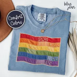 Comfort Colors® Faux Patchwork Pride Flag Shirt, LGBTQ Month Gift For Gay Friend, Pride Parade T-Shirt, LGBT Rainbow Tee, Love Is Love Gift