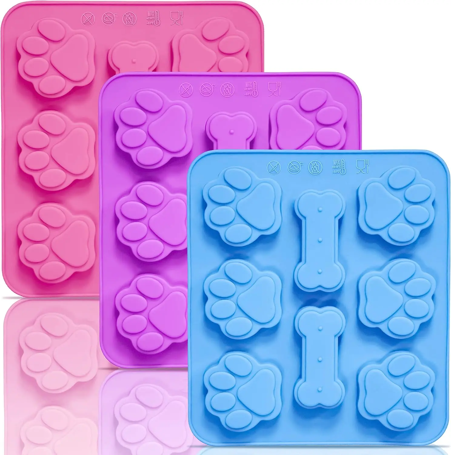 3 Pack Silicone Molds with Puppy Dog Paw and Bone Shaped 2 in 1, Reusable Non-Stick Ice Cube Trays & Flexible Candy Chocolate Molds for Homemade Dog Treats, Pudding, Jelly & Baking Biscuits