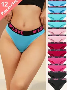 12Pcs Elegant Alphabet Print Waistband Women's Panties,Comfortable Breathable Polyester Knit Fabric, Mid-Rise Briefs with Color Block Detail,Underwear