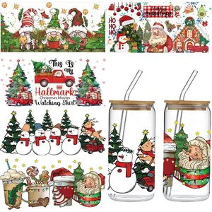Christmas UV DTF Cup Wrap, 5 Sheets Xmas Theme Rub on Transfers for Crafting UV DTF for 16OZ Libbey Glass Santa Claus Snowman Cups Uvdtf Wrap Transfer Cup Stickers Films for Glass Furniture DIY