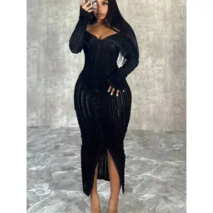 Stretchy long-sleeve off-shoulder bodycon dress — chic wave pattern, machine washable polyester blend; perfect for summer/fall; black party fabric; formal; women’s workwear; spring batwing V-neck