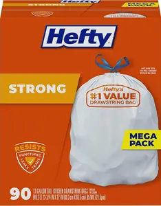 Hefty Strong 13 Gallon Trash Bags, Tall Kitchen Bags, UnscentedLarge Bags with Drawstrings, Durable Closure, Resists Leaks, Punctures, and Tears, White, Unscented, 90 Bags