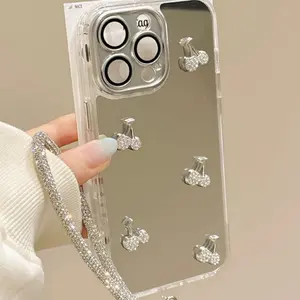 [8 + 1] Three-dimensional Rhinestone Cherry Makeup Mirror with Lanyard, Suitable for Apple 15 Mobile Phone Case, Casing for Iphone16promax New 14 Advanced Sense 13 Anti-drop Protective Cover
