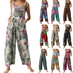 Women's Boho Wide Leg Jumpsuit with Pockets | Casual Loose Floral Overalls Women Casual Loose Wide Leg Overalls Floral Sleeveless Jumpsuit Baggy Rompers with Pockets