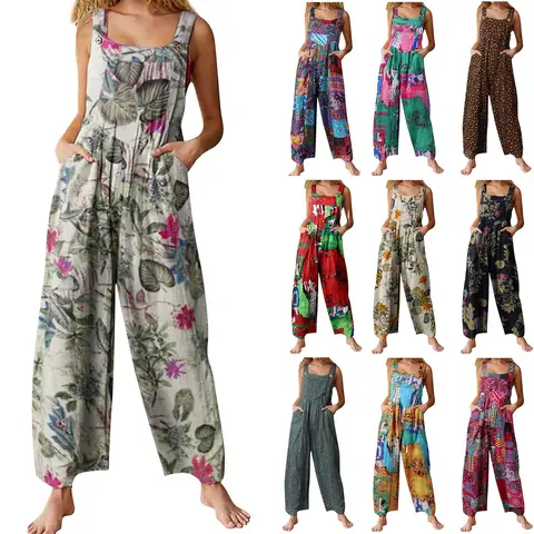 Women's Boho Wide Leg Jumpsuit with Pockets | Casual Loose Floral Overalls Women Casual Loose Wide Leg Overalls Floral Sleeveless Jumpsuit Baggy Rompers with Pockets