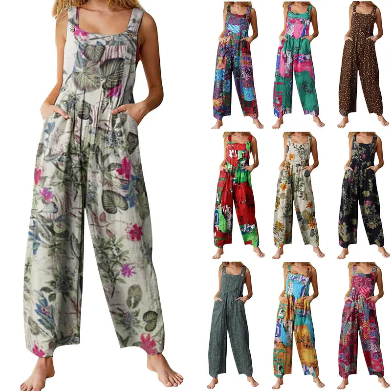 Women's Boho Wide Leg Jumpsuit with Pockets | Casual Loose Floral Overalls Women Casual Loose Wide Leg Overalls Floral Sleeveless Jumpsuit Baggy Rompers with Pockets