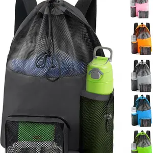 Simple drawstring camping mesh backpack with multiple pockets, suitable for lightweight camping, mountaineering, swimming, fitness, hiking, sports, and travel.